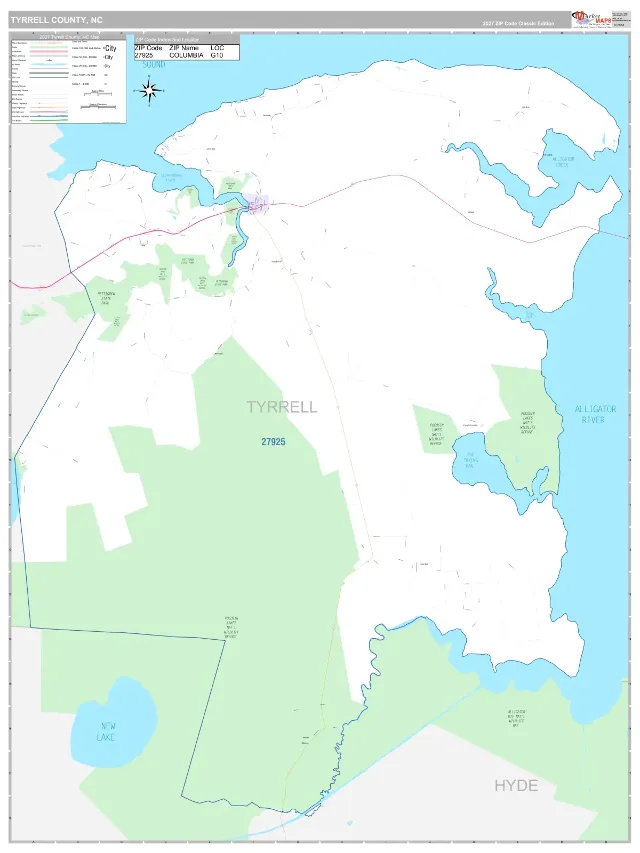 Tyrrell County, NC ZIP Code Wall Map, Classic style