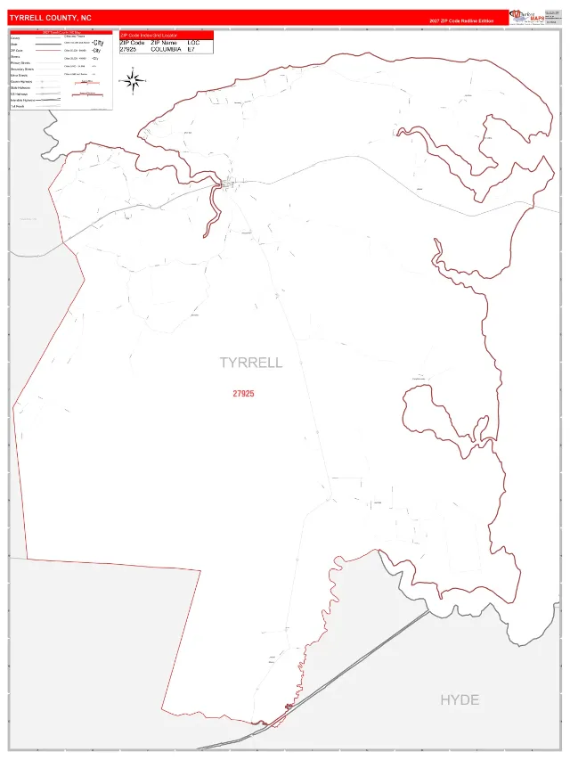Tyrrell County, NC ZIP Code Wall Map, RedLine style