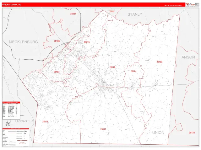 Union County, NC ZIP Code Wall Map, RedLine style