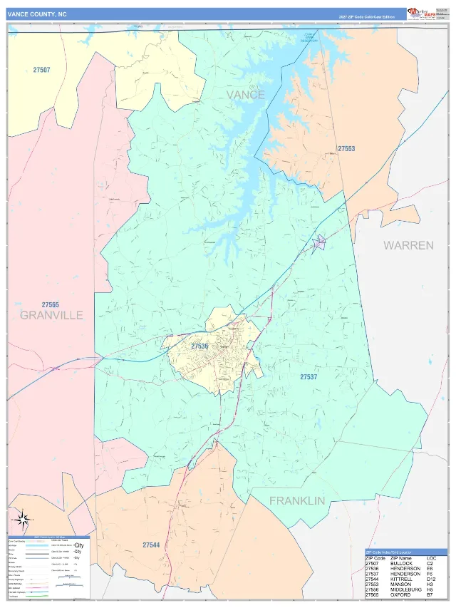 Vance County, NC ZIP Code Wall Map, ColorCast style