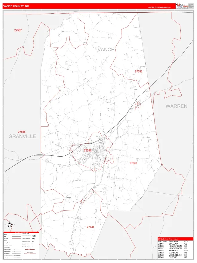 Vance County, NC ZIP Code Wall Map, RedLine style