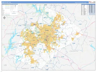Wake County, NC Business Reference style ZIP Code wall map