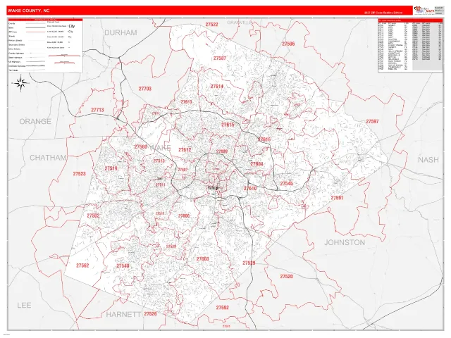 Wake County, NC ZIP Code Wall Map, RedLine style