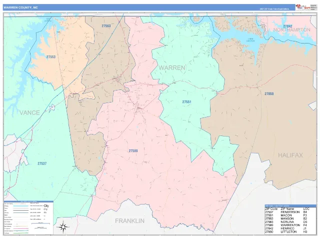 Warren County, NC ZIP Code Wall Map, ColorCast style