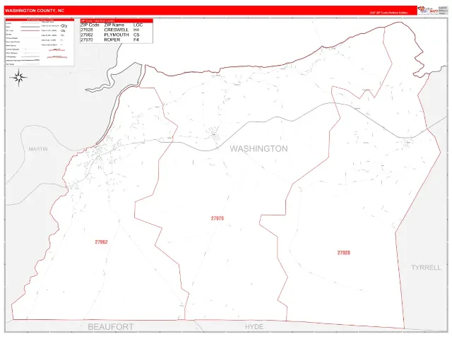 Washington County, NC ZIP Code Wall Map, RedLine style