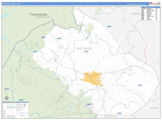 Watauga County, NC ZIP Code Wall Map, Business Reference style