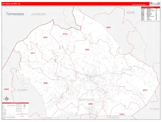 Watauga County, NC RedLine style ZIP Code wall map
