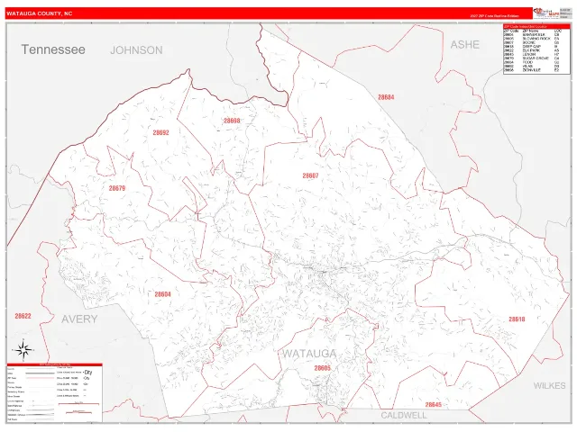 Watauga County, NC ZIP Code Wall Map, RedLine style