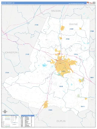 Wayne County, NC Business Reference style ZIP Code wall map
