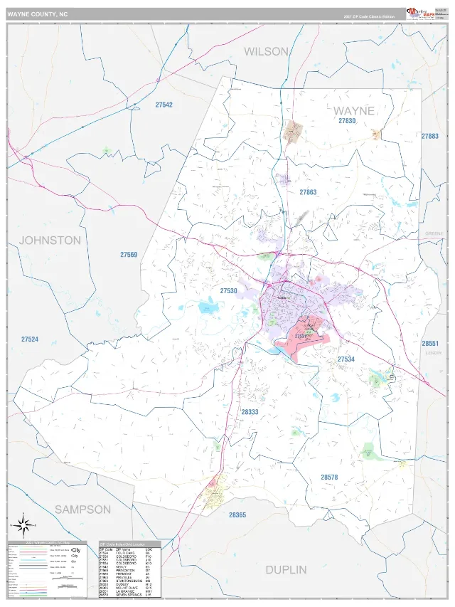 Wayne County, NC ZIP Code Wall Map, Classic style