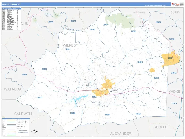 Wilkes County, NC ZIP Code Wall Map, Business Reference style
