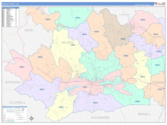 Wilkes County, NC ZIP Code Wall Map, ColorCast style