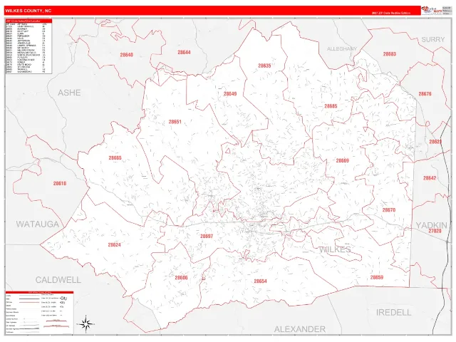 Wilkes County, NC ZIP Code Wall Map, RedLine style
