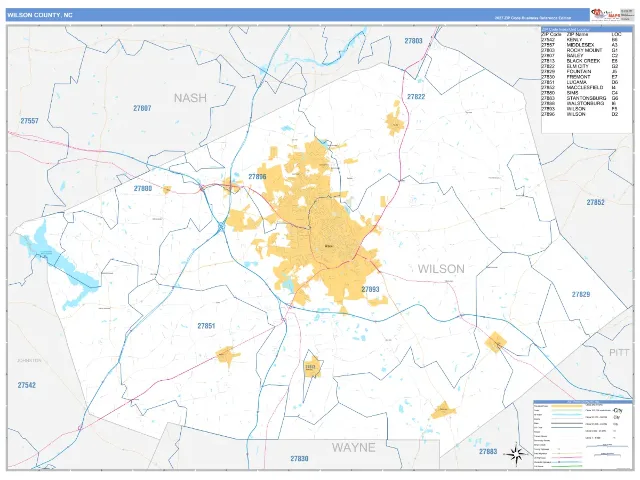 Wilson County, NC ZIP Code Wall Map, Business Reference style