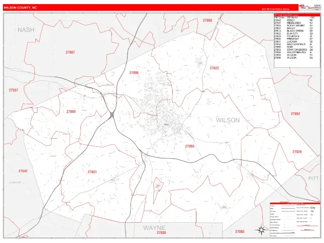 Wilson County, NC ZIP Code Wall Map, RedLine style