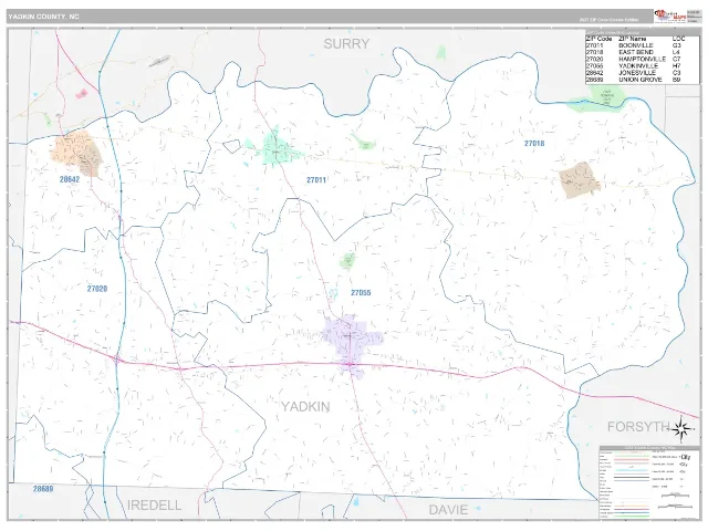 Yadkin County, NC ZIP Code Wall Map, Classic style