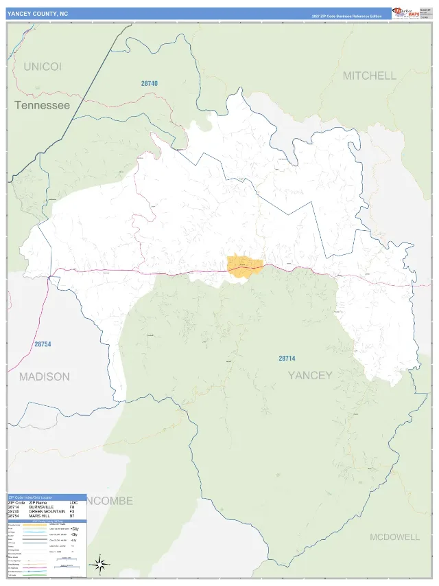 Yancey County, NC ZIP Code Wall Map, Business Reference style