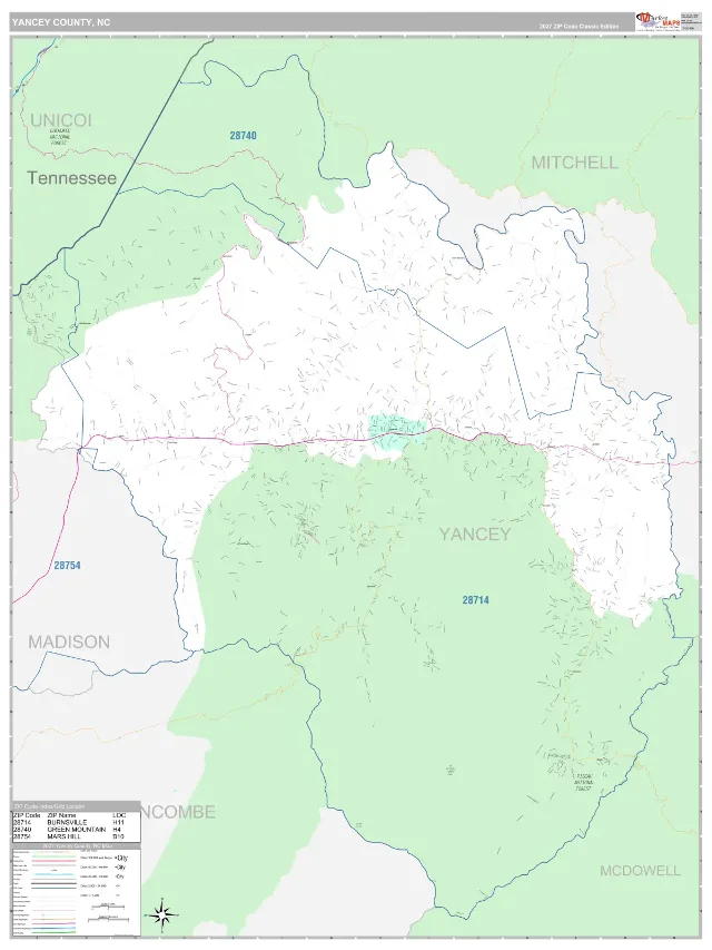 Yancey County, NC ZIP Code Wall Map, Classic style