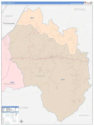 Yancey County, NC ColorCast style ZIP Code wall map