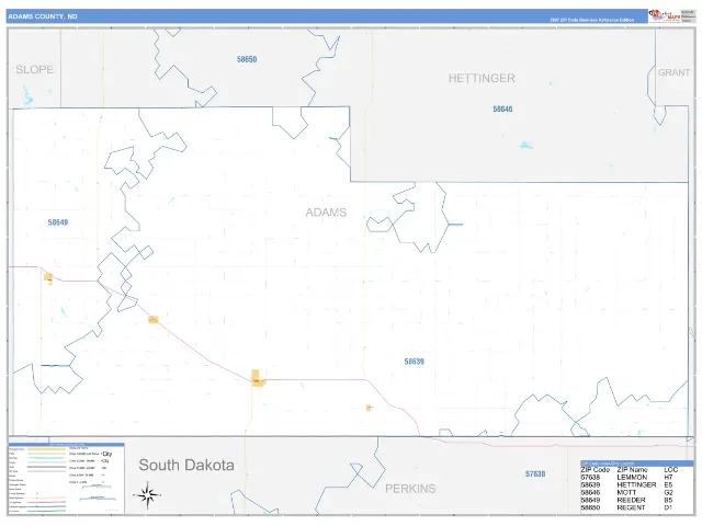 Adams County, ND ZIP Code Wall Map, Business Reference style