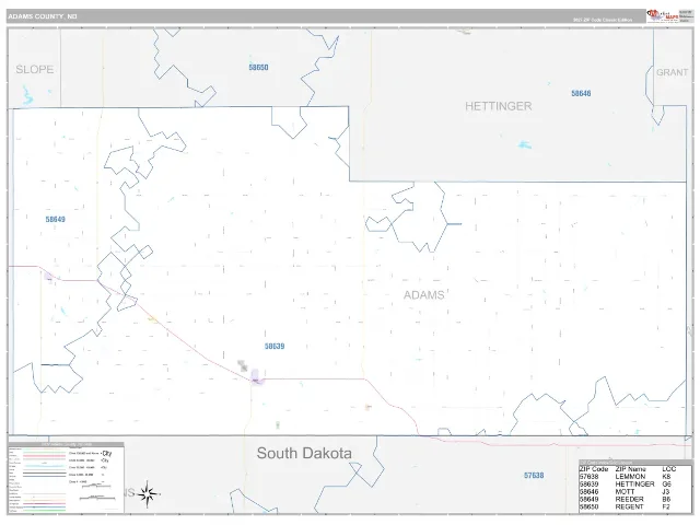 Adams County, ND ZIP Code Wall Map, Classic style