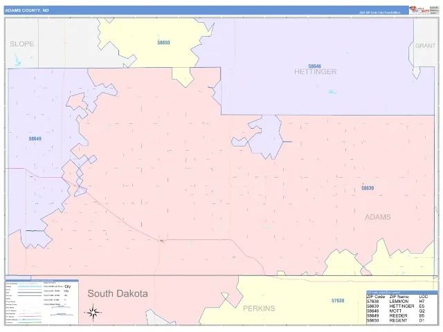Adams County, ND ZIP Code Wall Map, ColorCast style