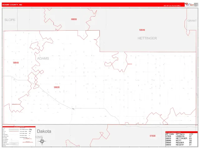 Adams County, ND ZIP Code Wall Map, RedLine style