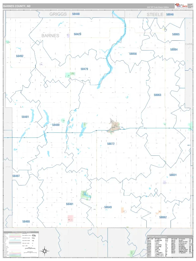 Barnes County, ND ZIP Code Wall Map, Classic style