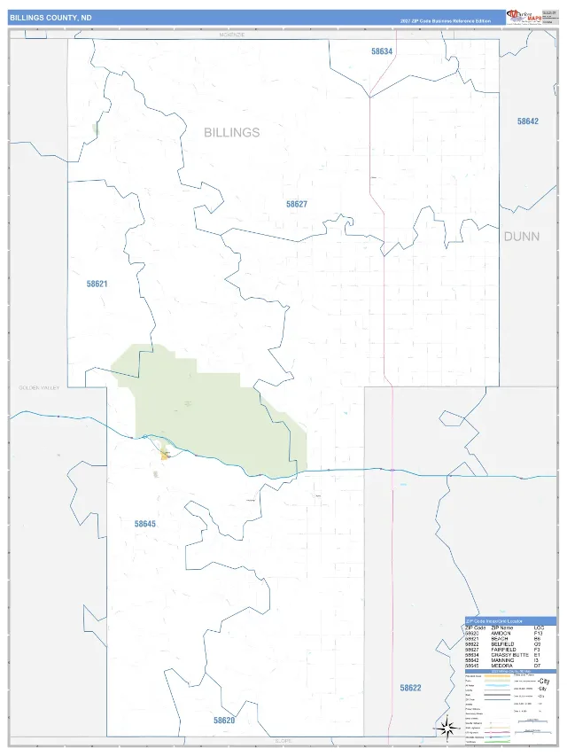 Billings County, ND ZIP Code Wall Map, Business Reference style