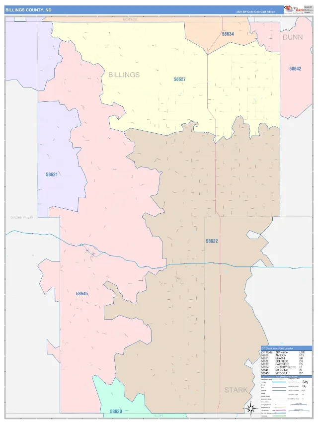 Billings County, ND ZIP Code Wall Map, ColorCast style