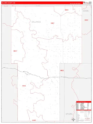 Billings County, ND RedLine style ZIP Code wall map
