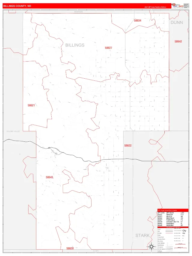 Billings County, ND ZIP Code Wall Map, RedLine style