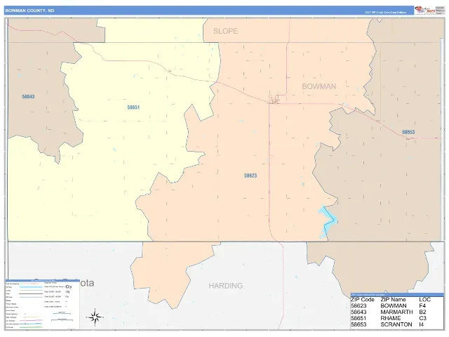 Bowman County, ND ZIP Code Wall Map, ColorCast style