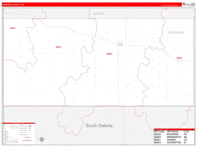 Bowman County, ND ZIP Code Wall Map, RedLine style