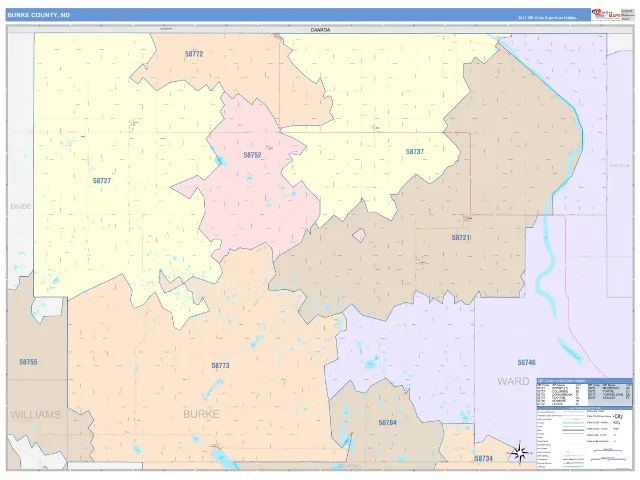 Burke County, ND ZIP Code Wall Map, ColorCast style