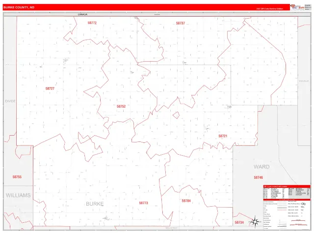 Burke County, ND ZIP Code Wall Map, RedLine style