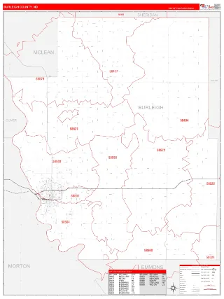 Burleigh County, ND RedLine style ZIP Code wall map