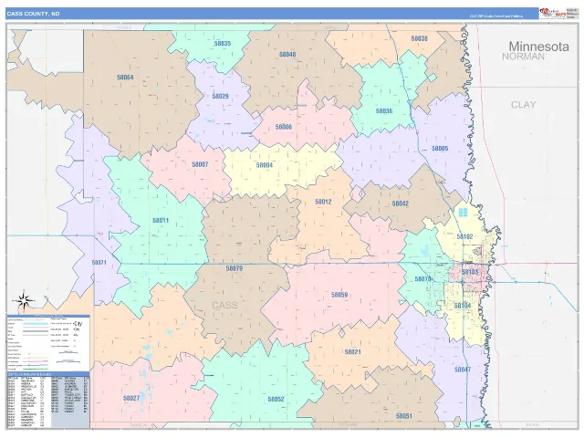 Cass County, ND ZIP Code Wall Map, ColorCast style