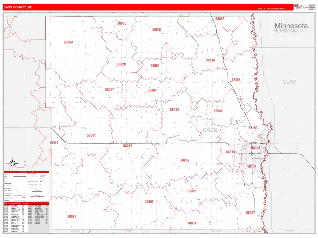 Cass County, ND ZIP Code Wall Map, RedLine style