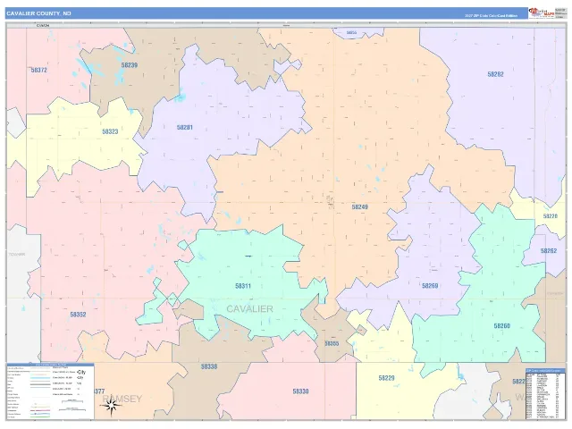Cavalier County, ND ZIP Code Wall Map, ColorCast style