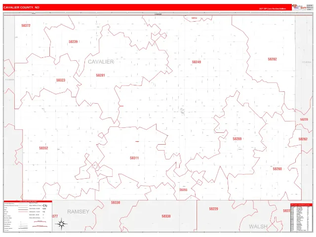 Cavalier County, ND ZIP Code Wall Map, RedLine style