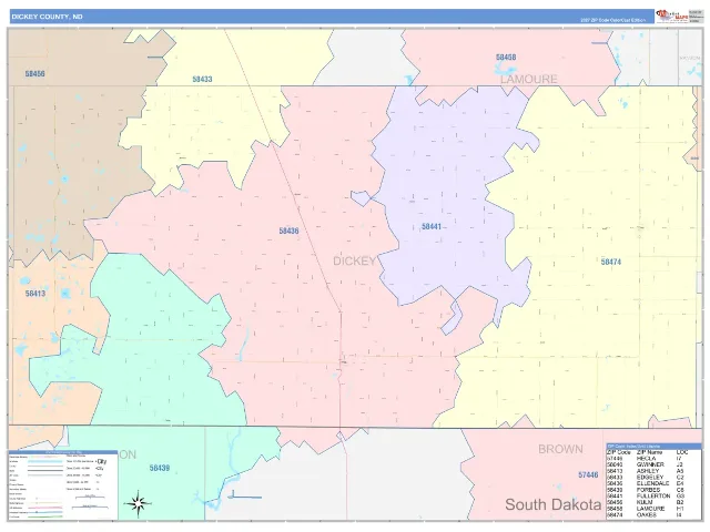 Dickey County, ND ZIP Code Wall Map, ColorCast style