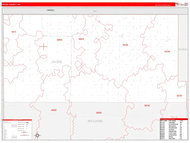 Divide County, ND ZIP Code Wall Map, RedLine style