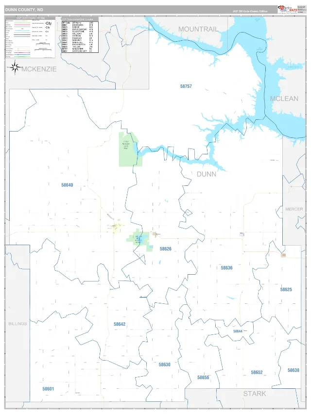 Dunn County, ND ZIP Code Wall Map, Classic style