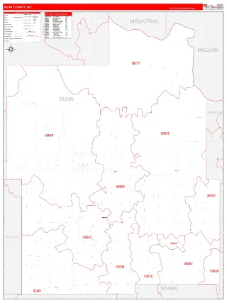 Dunn County, ND RedLine style ZIP Code wall map