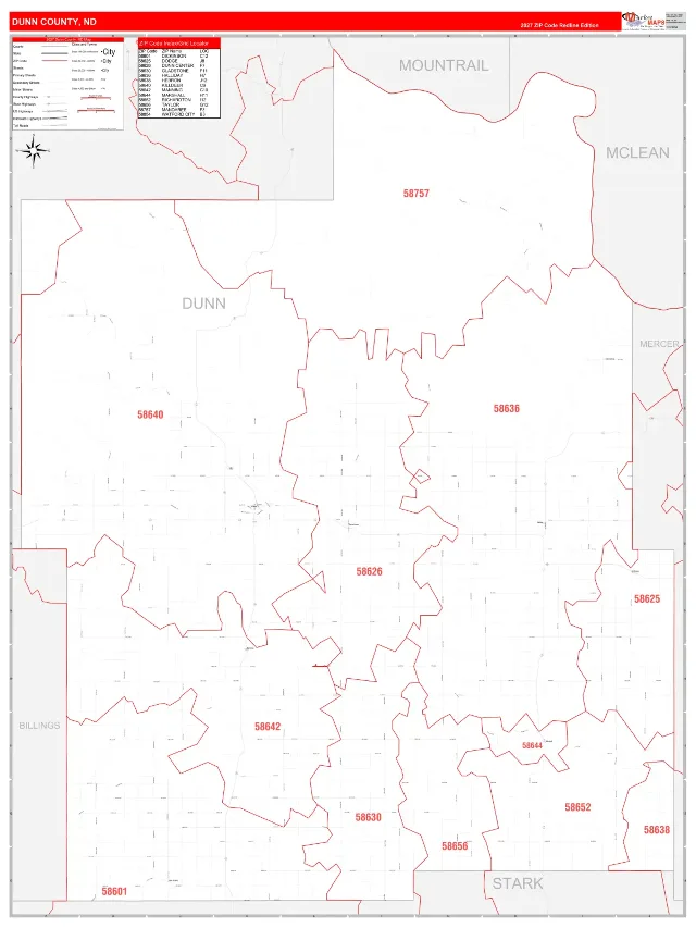 Dunn County, ND ZIP Code Wall Map, RedLine style