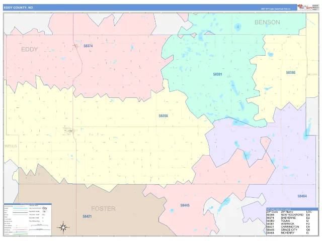 Eddy County, ND ZIP Code Wall Map, ColorCast style