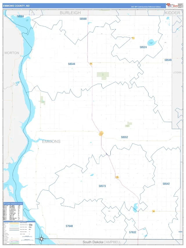 Emmons County, ND ZIP Code Wall Map, Business Reference style
