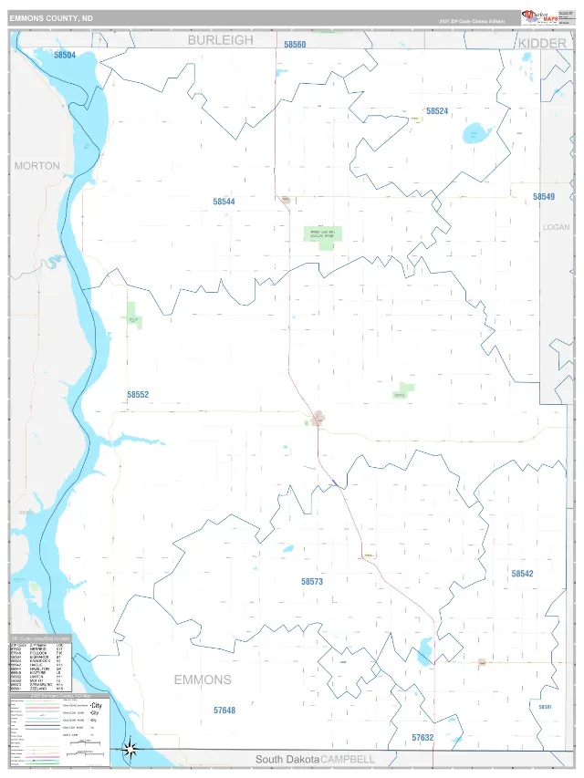 Emmons County, ND ZIP Code Wall Map, Classic style