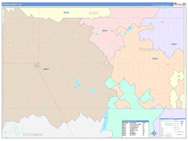 Foster County, ND ZIP Code Wall Map, ColorCast style